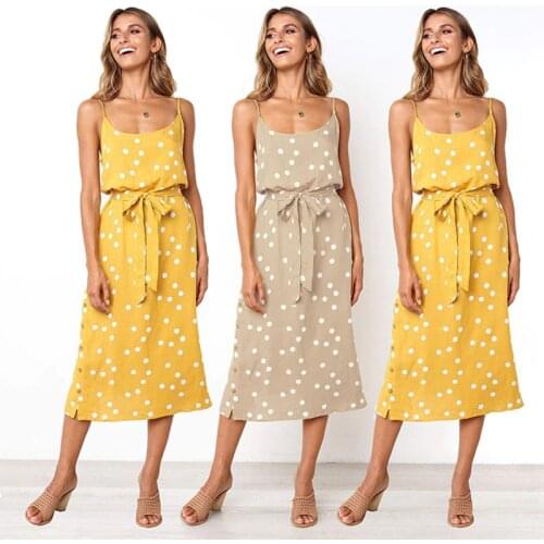 Women Dress Summer 2021 Casual Comfort Loose Style Sleeveless Dot Print Color With Belt Straps Female Vestido Party Robe C2892