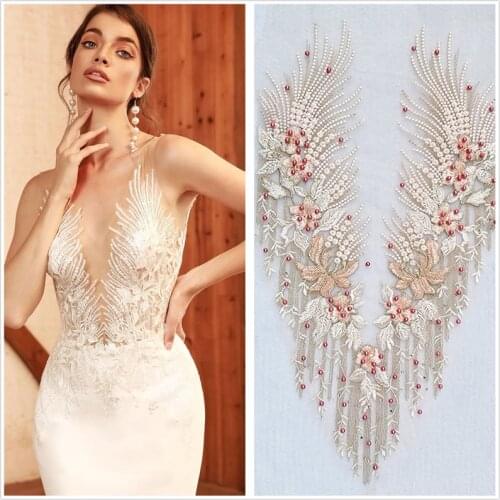 2 Pcs Gorgeous 3D Flower Large Lace Applique Pearls Beaded For Dress DIY Prom Dress Bridal Wedding Gown Lace Patch