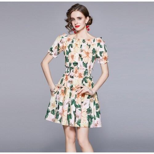 2021 Summer Women Floral Print Runway Elegant Ruffles Sexy Slash Neck Off Shoulder Mini Elastic Waistline Party Dresses Vestidos
