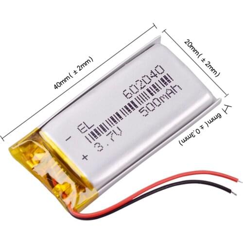3.7V 500mAH 602040 polymer lithium ion / Li-ion Rechargeable battery With PCB for dvd GPS mp3 mp4 PSP PDA Smart Watch