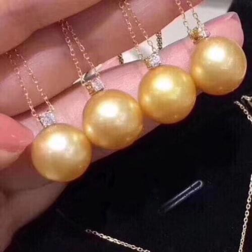 D825 Pearl Pendant Fine Jewelry Solid 18K Gold Round 10-11mm Nature Sea Water Golden Pearls Pendants Necklaces for Women Present