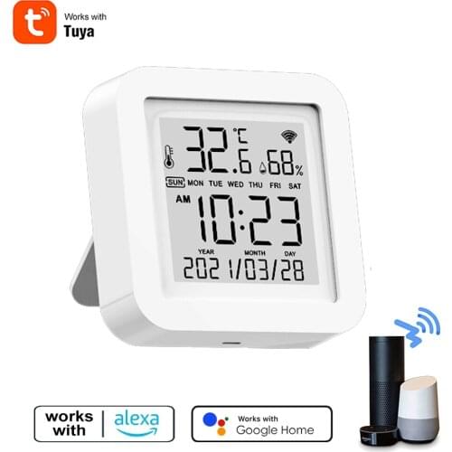 Tuya WIFI Temperature Humidity Sensor Clock Indoor Hygrometer Thermometer With LCD Display Voice Control for Alexa Google Home
