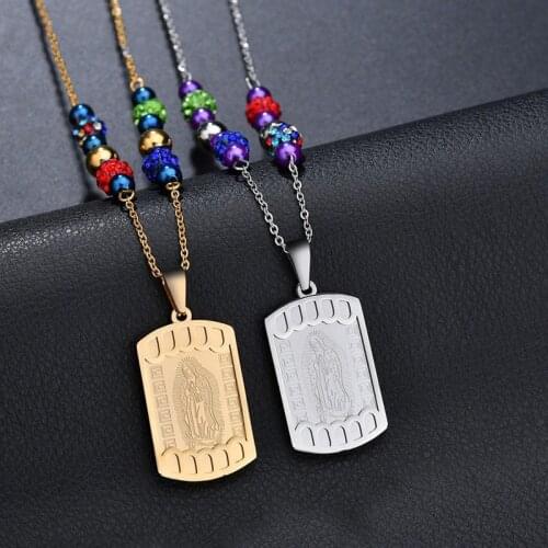 Vintage Virgin Mary Pendant Long Necklace Colored Beaded Chain Necklace Fashion Titanium Steel Chain Sweater Chain Women Jewelry