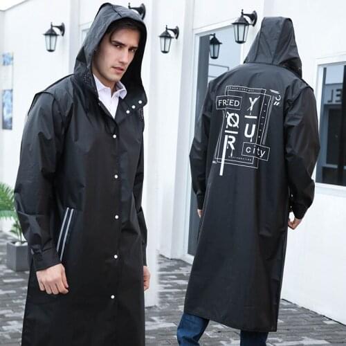 Black Fashion Long Men Raincoat Unisex Adult Waterproof Poncho Tour Plastic Rain Coat with Letter Printing Drawstring