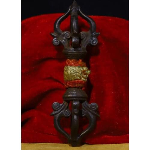 Home Decor 6" Tibet Buddhism Temple Old Bronze Old magic weapon Dorje Vajra Phurba Dagger Holder