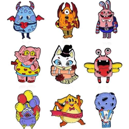 Happy every day Cartoon animal Enamel Pin dinosaur egg chicken rabbit elephant cat bird dog honeybee Brooches Custom Badge