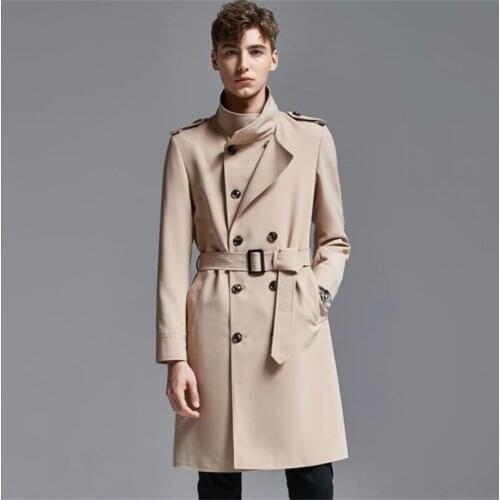 Stand collar mens trench coats тренч плащ мужской khaki black man double threshold men clothes loose overcoat пальто мужское