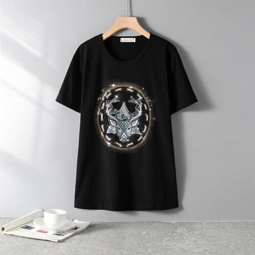 New Summer Heavy Industry Hot Drilling Large Size T-Shirt Womens Short-Sleeve Regular Cotton Loose Black Tops 3540