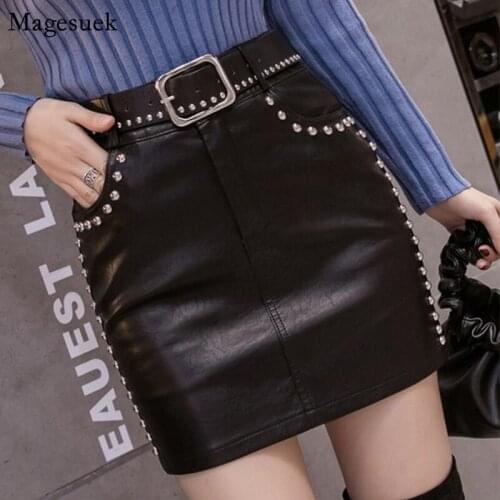 Autumn Winter PU Leather Skirt Beading Pockets High Waist Skirt Sexy With Belt Lift Hip Short Black Mini Skirt Women Falda 12131