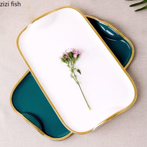 Golden Stroke Oval Storage Tray Solid Color Porcelain Tableware Steak Plates Bread Dessert Dishes Dinner Table Serving Trays
