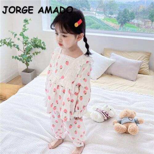 2021 Spring New Baby Pajamas Long Sleeve Cotton Strawberry RufflesTop+long Pants Homewear Girl Outfits E2038