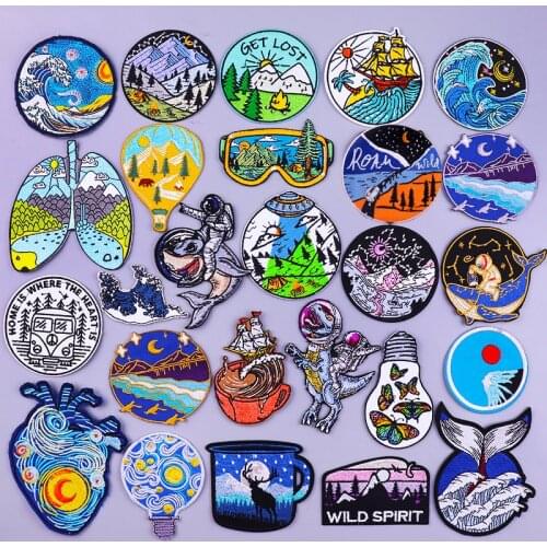 Prajna Iron On Mountain Embroidered Patches For Clothing Outdoor Adventure Patch Natural Stripes On Jacket Clothing Stickers DIY