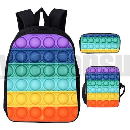 Trendy 3 Pcs/Set Funny Game 3D Print Rainbow Color Pop It Bag Backpack Anime Teenager Laptop Book Bag Push Pop Fidget Schoolbags