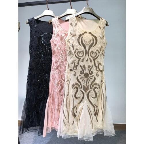 Sexy Women Pink Black Beige Sequined Mesh Patchwork O-neck Sleeveless Pullover Casual Slim Fashion Party Dress 6875