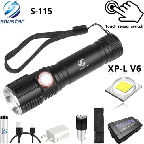 Super bright XP-L V6 LED Flashlight With touch button waterproof Torch 3 lighting modes Telescopic zoom Camping light S115