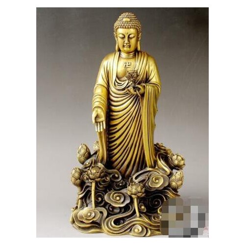Tibet Buddhism Pure Bronze Standing Sakyamuni Shakyamuni Buddha Lotus Statue