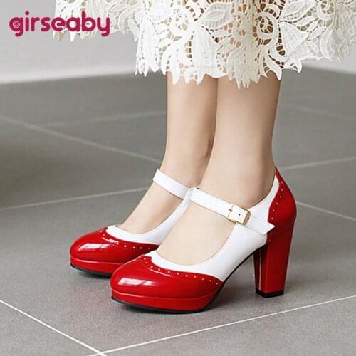 Girseaby New 2021 Ladies Pumps Round Toe 9cm Block Heels Patent Leather Patchwork Buckle Sweet Lolita Cute Big Size 48 B2337