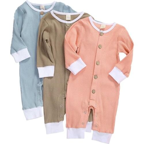 Newborn Baby Girls Boys One Piece Knit Jumpsuit, Crew Neck Long Sleeve Buttons Long Romper Overalls Soild 2020 New Autumn Outfit