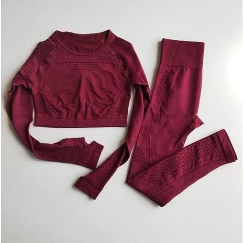 Women Seamless Yoga Sets High Waist Gym Mesh Leggings Shirts Suit Hollow Out Quick Dry Long Sleeve Fitness Workout Sportwear