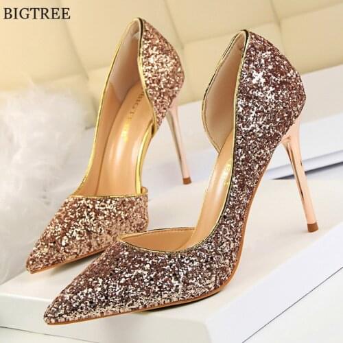 2021 New Sequined Cloth Shallow Fashion Women Pumps Side Cut-Outs Sexy Party Shoes Womens Show Thin Pointed Toe OL Office Shoes