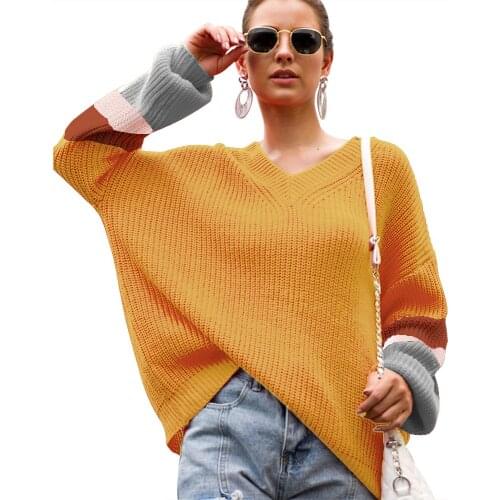 Adogirl Vintage Striped Patchwork V Neck Women Sweaters Pullovers Loose Knitted Autumn Winter Female Clothing Casual Pullovers