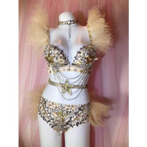 Women Shining Gold Colorful Rhinestones Bikini Crystal Bra Set Sexy Singer Stage Costume Bar Club Rave Party Show Dance Outfit