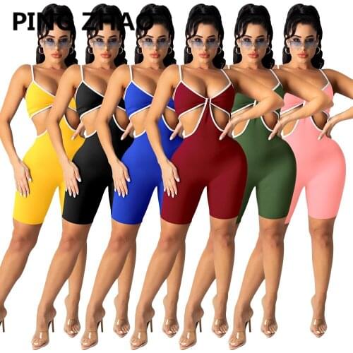 PING ZHAO Women Playsuit Solid Sleeveless Halter Hollow Out Stretchy Bodycon Playsuits Summer Sexy Rompers