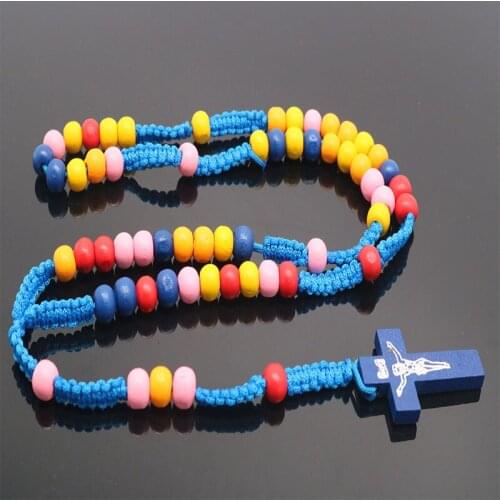 Religious Jesus Weave Colored Rosary Cross Pendant Necklace Beads Child Girl Catholic Religious Fashion Jewelry