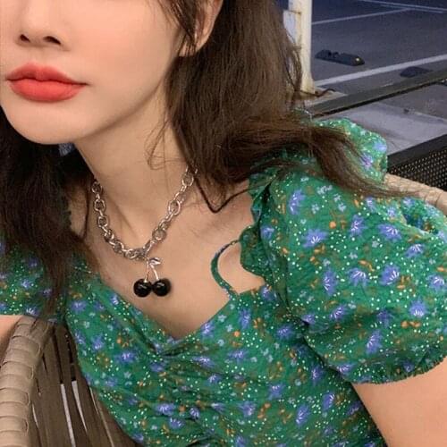 Newly Cool Necklace for Women Black Cherry Pendant Neck Chain Choker Hip Hop Punk Neck Jewelry Gift for Girls