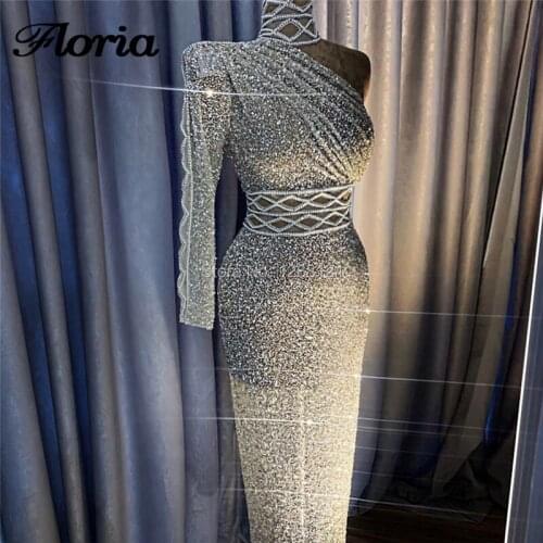 Sliver One Shoulder Dubai Aibye Prom Dresses Long 2019 African Couture Beading Evening Dress Robe De Soiree Saudi Arabic Party