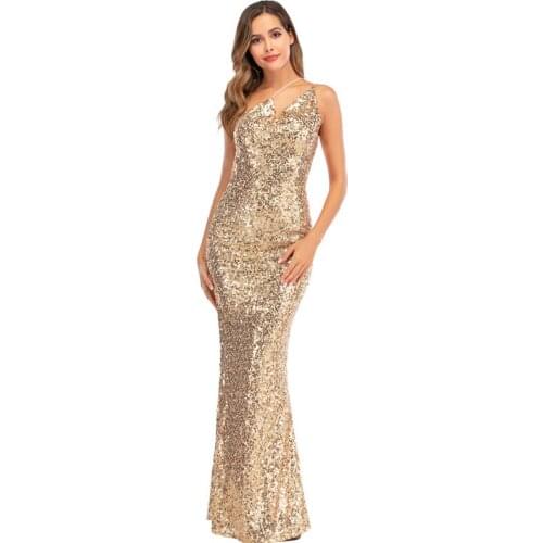 Ziamonga Sexy Woman Sequin Dress Gold Ankle Length Maxi Dress Bodycon Strappy One Shoulder Backless Stretchy Party Dresses