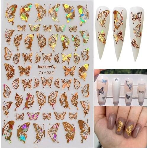 1pcs Laser Gold Silver Butterfly design 3d Nail Stickers Fall Nail Transfer Decals 3D Glitter Tattoo Manicure Nail Art Decor