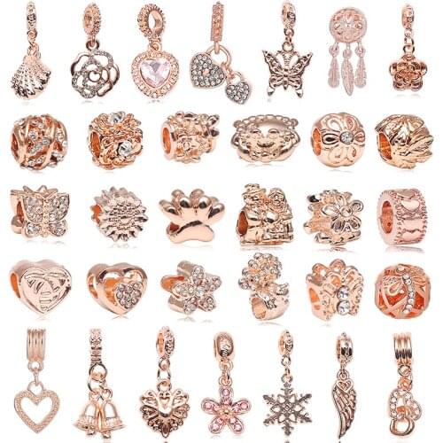 2Pcs/Lot Flower Bells Feather Charms Hollow Heart Beads Fits Original Brand Charm Bracelet & Bangle DIY For Women Jewelry Making