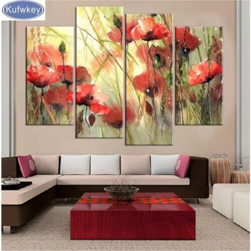 4pcs 5d diy diamond painting Poppy full square drill diamond embroidery rhinestones painting kit triptych painting