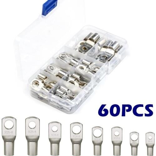 60PCS Assortment Car Auto Tinned Copper Ring Terminal Wire Crimp Connector Bare Cable Battery Terminals Soldered Connectors Kit