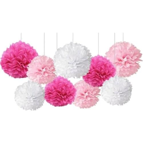 9 Pcs/Set Mixed Tissue Paper Pompoms Pom Poms Flower Wedding Party Decoration ( Pink)
