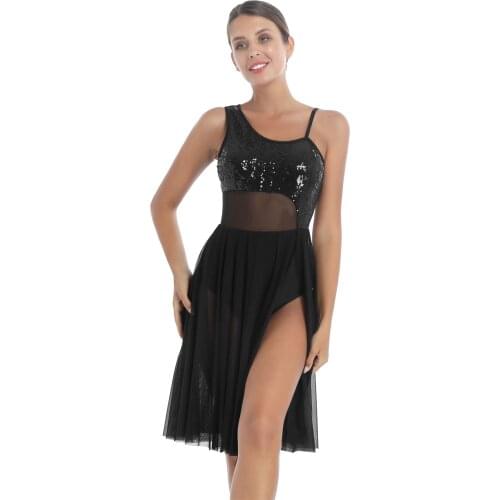 Adult Ballet Leotards Gymnastics Shiny Sequin Mesh Patchwork Skirted Leotards Dress Ballet Dance Split Dresses Stage Performance