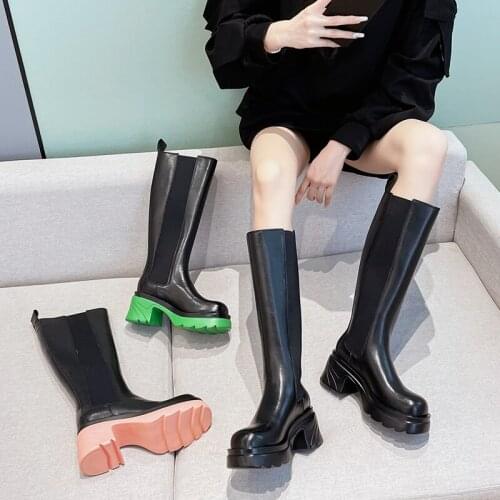 Chelsea Knee-length Long Boots Women 2021 Autumn Genuine Leather High Heels Platform Knight Boots Ladies Fashion ботинки женские