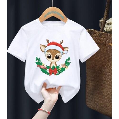 Merry Christmas Deer Cartoon Cute White Kid T-shirts Children Summer Girl Gift Present Clothes Boy Animal TOps Tee,Drop Ship