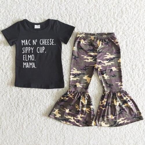 Baby Girls Designer Clothes Fashion Black Shirt Camo Bell Bottom Pants Wholesale Children Clothing Toddler Girls Summer Clothes