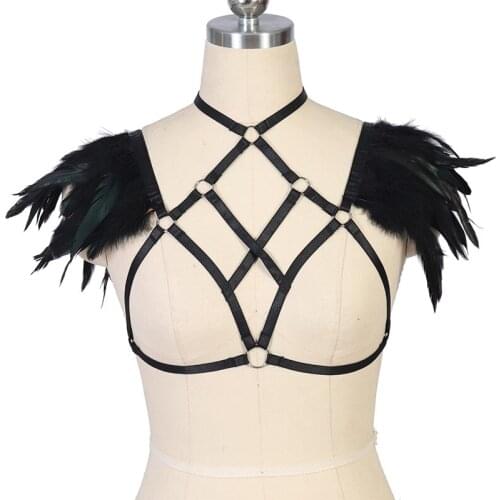 JLX.HARNESS Goth Feather Open Chest Body Cage Rave Black Bra Sexy Lingerie Bondage Body Harness Belt Women Feather Cage Bra