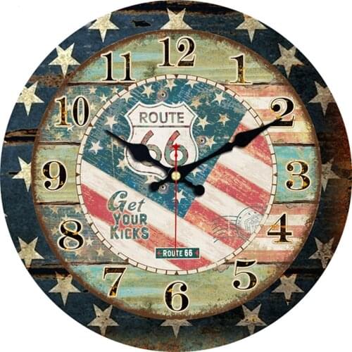 Round Wall Clock, Vintage American Flag Five-Pointed Star Stripes Red Blue U.S Flag Silent Non Ticking Quartz Battery Operated