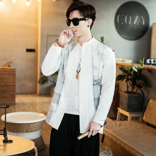 Men Chinese Style Kung Fu Clothes T-Shirt Hanfu Tops Japanese Samurai Kimono Robe Tang Suit Jackets Blouse Asian Coat 30725