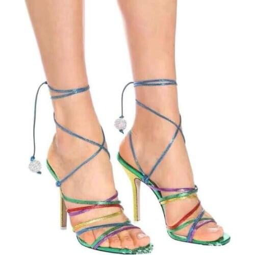 Summer New Woman Multi Color Pink Gold White Narrow Bands Sandals Cross Lace Up Thin Heels Party Sandals Shoes Female Big Size
