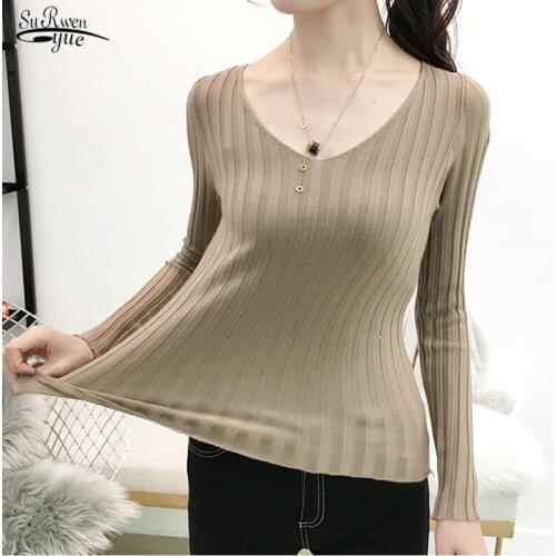 2020 Autumn V-neck Pullover sweaters For Women Casual Knitted Sweater Women Solid Office Lady Slim Winter Sweater Women 11039