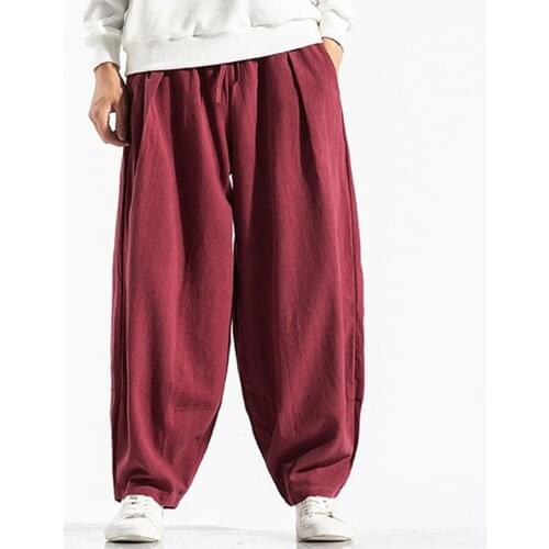 Casual Male Harem Pants Plus Size Solid Color Drawstring Men Mid Rise Pockets Wide Leg Pants Daily Wear Loose Trousers