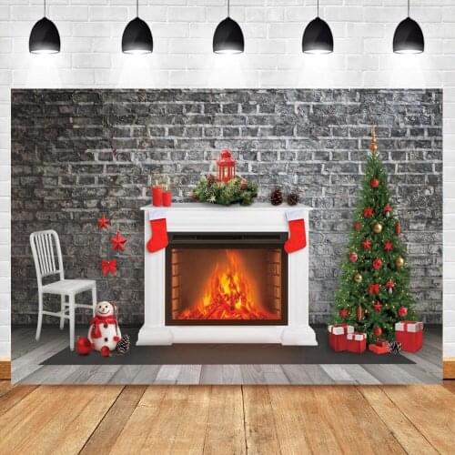 Christmas Backdrop For Photography Fireplace Tree Gifts Brick Wall Interior Scene Child Portrait Shoot Party Photo Background