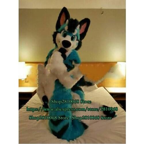 Blue long furry husky dog fox wolf dragon mascot costume adult suit cartoon character birthday party factory outlet 1051