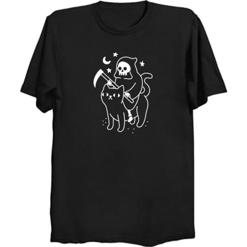Death Rides A Black Unlucky Cat T-Shirt Scary Grim Reaper Shirt Cotton Halloween Horror Spooky Tshirt Funny Evil Dead T Shirt