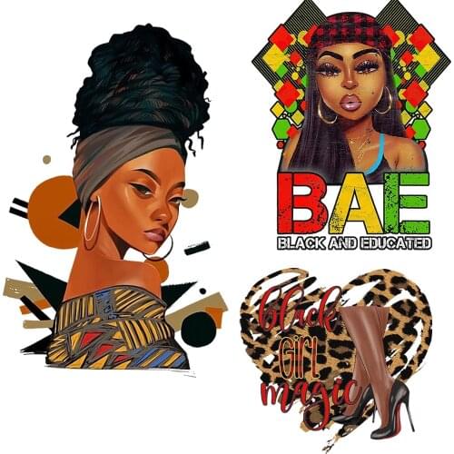 Lovely Black Afric Girls Patches Thermal Heat Transfer Stickers Stripes Clothes Iron On Patches Women T-shirt Decal Diy applique